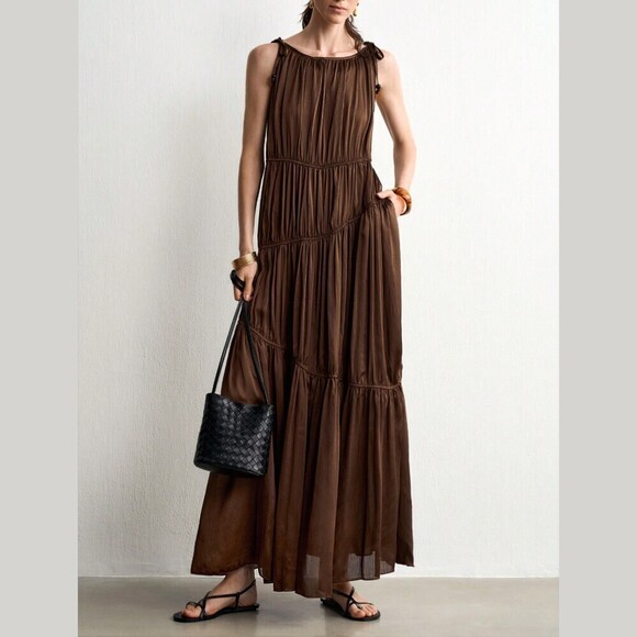 Dresses & Skirts - Chocolate Brown Tiered Cinched Maxi Dress with Shoulder Ties